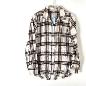LOFT Neutral Plaid Flannel Long Sleeve Button Shirt NWT